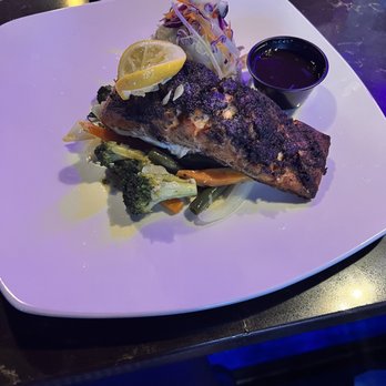 Hush Restaurant & Lounge - Jerk Wild Caught Atlantic Salmon with mashed potatoes - Lounges Near Me - Elmont, New York