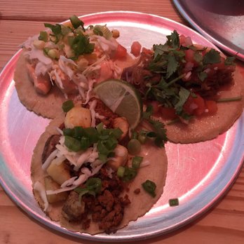 Chicano Boy Taco - Carnitas (2 o'clock), chorizo/Potato (6 o'clock) and shrimp.  Tasty. - Tex-Mex Near Me - Staunton, Virginia