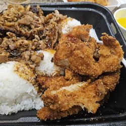 Ohana Hawaiian BBQ - Half and half plate of BBQ pork and pineapple chicken (i added teriyaki sauce before taking the picture)