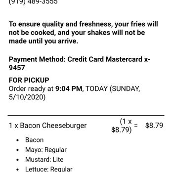 Five Guys - Order was to be ready after close at 9:04 PM - Burgers Near Me - Durham, North Carolina