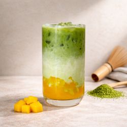 Leaf N Cream - Mango Matcha Latte - a refreshing blend of real mango fruits and ceremonial matcha, combined with a mango puree to deliver a creamy taste.