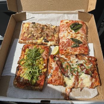 Sugo - Japanese Slice (top left) Margarita Slice (top right) Chorizo Slice (bottom left) Amatriciana Slice (bottom right) - Pizza Near Me - Costa Mesa, California Sugo - Japanese Slice (top left) Margarita Slice (top right) Chorizo Slice (bottom left) Amatriciana Slice (bottom right) - Pizza Near Me - Costa Mesa, California