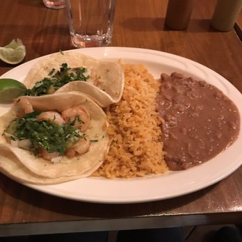 Casa Villa Express - Two shrimp tacos with rice and beans - very good! - Mexican Near Me - Stamford, Connecticut