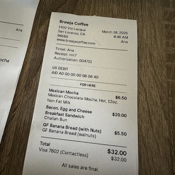 Brewja Coffee - 20$ for a breakfast sandwich. Didn't realize until after I paid. Never again. - Coffee & Tea Near Me - San Lorenzo, California Brewja Coffee - 20$ for a breakfast sandwich. Didn't realize until after I paid. Never again. - Coffee & Tea Near Me - San Lorenzo, California