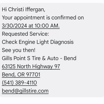 Gills Point S Tire & Auto - Bend - Appointment confirmation with requested service - Tires Near Me - Bend, Oregon Gills Point S Tire & Auto - Bend - Appointment confirmation with requested service - Tires Near Me - Bend, Oregon