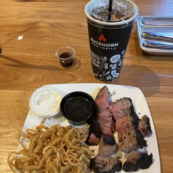 Buckhorn BBQ + Grill - Tri-tip bites, au jus, horseradish sauce and fried onions. - Barbeque Near Me - Dixon, California