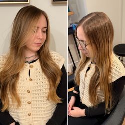 Tracy & Company Salon - Warmer, dimensional blonde on long hair with seamless blending by Adam for easy, natural grow out. Percision color at Tracy & Company.