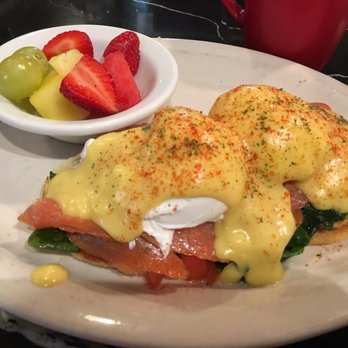 EJ's Bayfront Cafe - Naples - EJ's Smoked Salmon Eggs Benedict with fruit as a side. - New American Near Me - Naples, Florida EJ's Bayfront Cafe - Naples - EJ's Smoked Salmon Eggs Benedict with fruit as a side. - New American Near Me - Naples, Florida