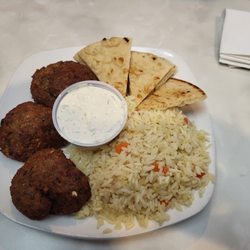 Aegean Restaurant - Keftedes, rice and pita