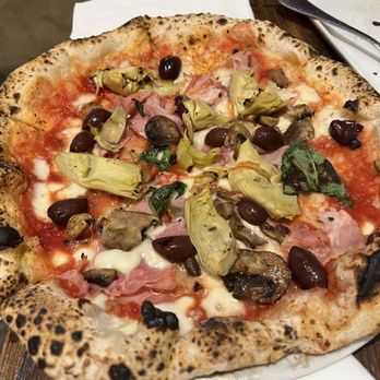 Settebello Pizzeria Napoletana - Napoli Pizza with olives, artichoke, mushrooms, basil and ham. - Pizza Near Me - Henderson, Nevada Settebello Pizzeria Napoletana - Napoli Pizza with olives, artichoke, mushrooms, basil and ham. - Pizza Near Me - Henderson, Nevada