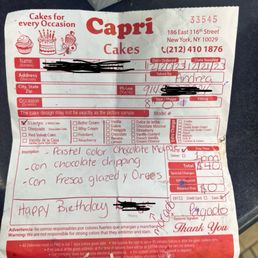 The receipt of the cake order