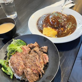 Red Rock - Angus Rib Eye Steak Don(Rib Eye Steak), Omurice with Hamburg Steak - Japanese Near Me - Arcadia, California Red Rock - Angus Rib Eye Steak Don(Rib Eye Steak), Omurice with Hamburg Steak - Japanese Near Me - Arcadia, California