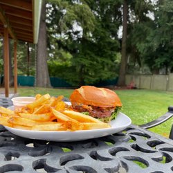 Blazing Onion Burger - Texas Heat burger with an impossible patty, fries and bob sauce on the side.