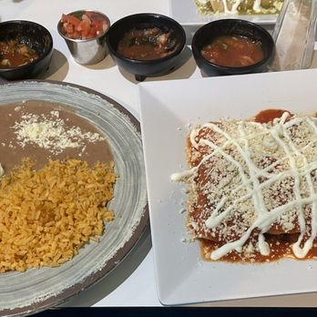 Burritos N Ribs - Beef Enchiladas w/Red Sauce, Beans, Rice, Salad - Mexican Near Me - Troutman, North Carolina Burritos N Ribs - Beef Enchiladas w/Red Sauce, Beans, Rice, Salad - Mexican Near Me - Troutman, North Carolina