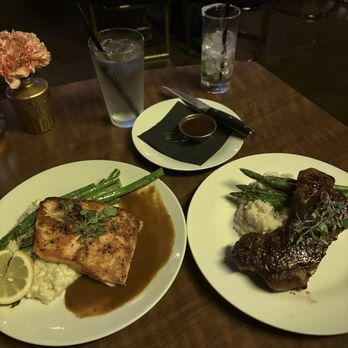 Chef Lino's PRIME - Grilled salmon, asparagus , parmesan risotto. Ny steak, mashed potatoes , asparagus. - Steakhouses Near Me - Bakersfield, California