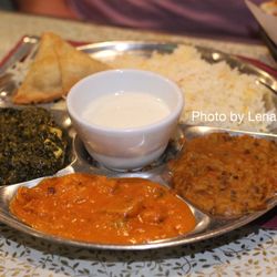 Tajmahal Restaurant - Vegetarian Thali ($20.95) - One piece veg. samosa, veg. korma, saag paneer, dal, nan, chai or kheer.