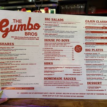 The Gumbo Bros - front of menu (food) 12.29.25 - Cajun/Creole Near Me - Nashville, Tennessee