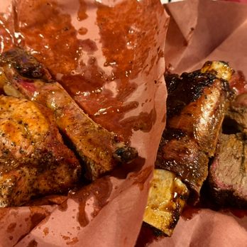 Cooper's Old Time Pit Bar-B-Que - L to R...Pork Chop, Pork Spare Rib, Beef Rib, Brisket - Barbeque Near Me - Austin, Texas