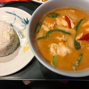 Thai 202 - Rice (got some cream cheese from my crab rangoon on it - oops!) and red curry chicken - Thai Near Me - Saint Louis, Missouri Thai 202 - Rice (got some cream cheese from my crab rangoon on it - oops!) and red curry chicken - Thai Near Me - Saint Louis, Missouri