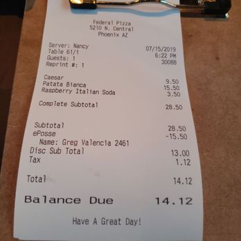 Federal Pizza - Bill with discount - Pizza Near Me - Phoenix, Arizona Federal Pizza - Bill with discount - Pizza Near Me - Phoenix, Arizona