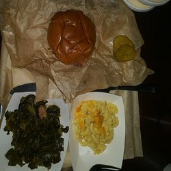 Moe's Original BBQ - Pulled pork sandwich with collards and mac and cheese