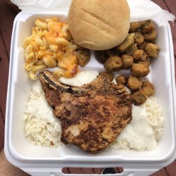 The Mountie Shack - Pork Chop with Rice and Gravy, Mac and Cheese, Fried Okra and Roll, $9.99 Wednesday special with drink
