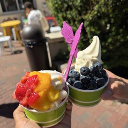 lavender honey with strawberries, mango, and mochi (left) and mango cream with blueberries (right)
