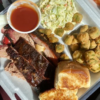 Danny's Place - Mix Dinner Plate: Pork Ribs, Brisket, Fried Okra, Coleslaw, and Dinner Roll. - Barbeque Near Me - Carlsbad, New Mexico