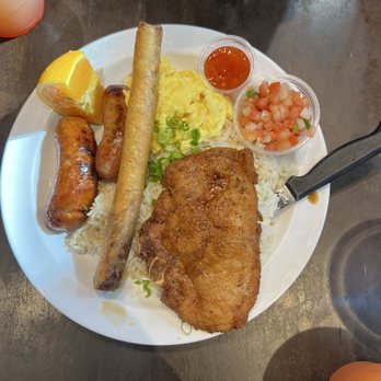 Ludi's Restaurant & Lounge - Longanisa, with scrambled egg, pork chop and lumpia - American Near Me - Seattle, Washington Ludi's Restaurant & Lounge - Longanisa, with scrambled egg, pork chop and lumpia - American Near Me - Seattle, Washington