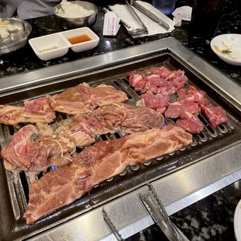 Buga Korean BBQ - Yang Num Beef Belly in the center, Galbi on top/bottom, and Jumuluk on the right - Barbeque Near Me - San Diego, California