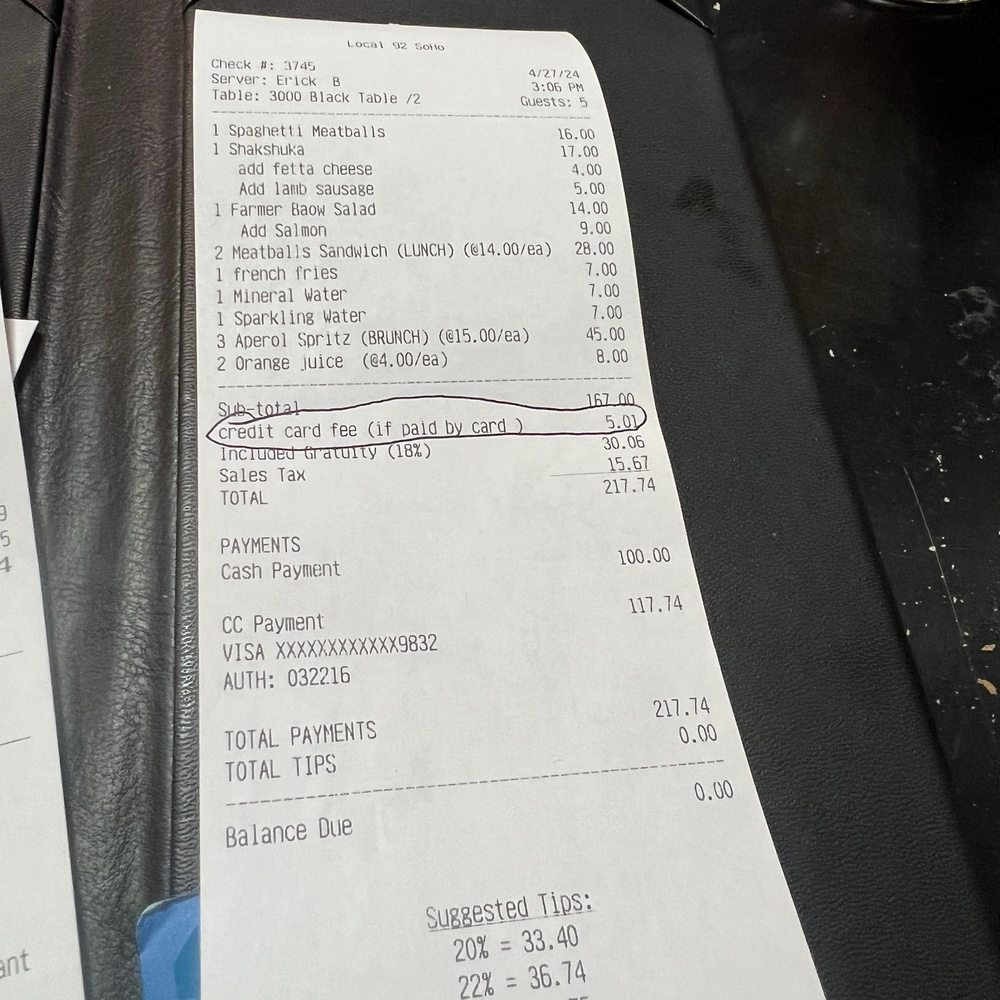 Local 92 - Soho - Bill with additional charges for credit card - Mediterranean Near Me - New York, New York