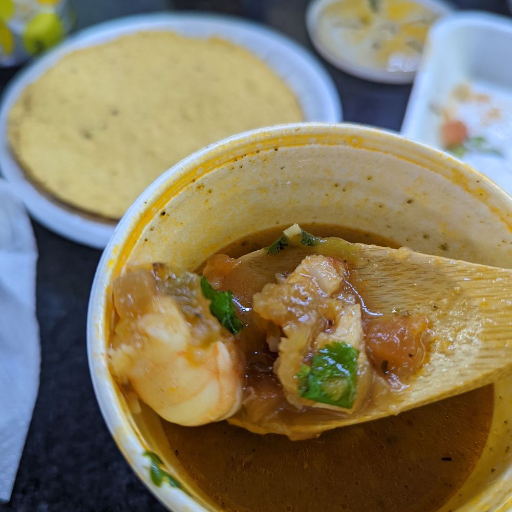 Cocina La Ley - Small seafood stew $2.90 had just a few pcs of seafood but fills a small styro cup and tomato broth not fishy, yum! - Mexican Near Me - Nogales, Arizona Cocina La Ley - Small seafood stew $2.90 had just a few pcs of seafood but fills a small styro cup and tomato broth not fishy, yum! - Mexican Near Me - Nogales, Arizona