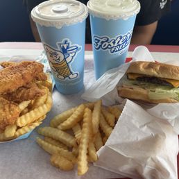 Cheeseburger and fish and chips