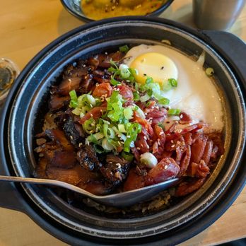 Rice Monster - Lap Mei Bao Zai Fan (Iron pot rice), with poached egg - Asian Fusion Near Me - Millbrae, California