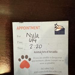 Animal Ark of Arcadia - Appointment card