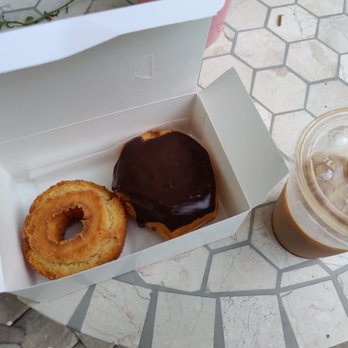Island Donuts & Bagels - Old fashioned and Boston cream. Iced coffee - Donuts Near Me - St. Augustine, Florida