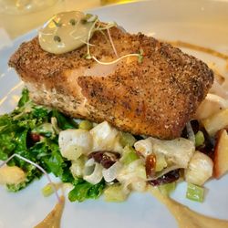 Meridian Restaurant & Bar - Salmon fall entree: turnip-apple hash, kale, and soy cashew aioli...seasoned well and cooked perfectly mid-rare.