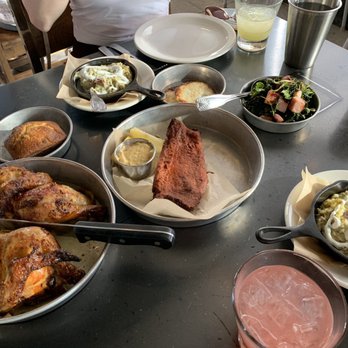 Work & Class - Whole chicken with brown butter lemon, 1 catfish, large Chile smashed potatoes, large pork belly greens, cornbread, goat cheese masa - New American Near Me - Denver, Colorado Work & Class - Whole chicken with brown butter lemon, 1 catfish, large Chile smashed potatoes, large pork belly greens, cornbread, goat cheese masa - New American Near Me - Denver, Colorado