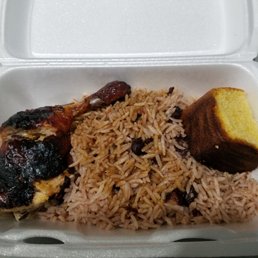 Jerk chicken, rice and beans, corn bread. Jerk chicken, rice and beans, corn bread.
