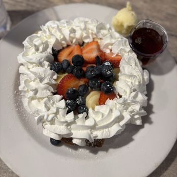 San Pedro Cafe - Belgian Waffle with fresh fruit blueberries strawberries & bananas & whipped cream - Diners Near Me - San Pedro, California San Pedro Cafe - Belgian Waffle with fresh fruit blueberries strawberries & bananas & whipped cream - Diners Near Me - San Pedro, California