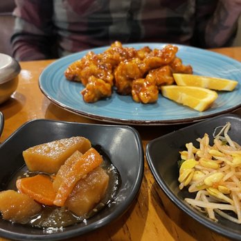 Sura - Banchan (potato and sprouts) and chicken gang jeong (orange chicken) - Korean Near Me - Oxnard, California Sura - Banchan (potato and sprouts) and chicken gang jeong (orange chicken) - Korean Near Me - Oxnard, California