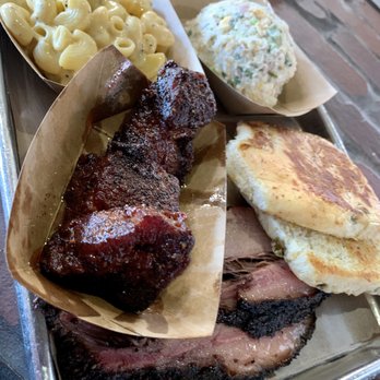 Heim Barbecue - BBQ Pork Belly Burnt Ends, Brisket, Potato Salad, Mac and Cheese and Jalapeño Toast. - Barbeque Near Me - Fort Worth, Texas