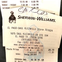 Sherwin-Williams Paint Store - Receipt from paint purchase, includes address & I wrote name of super staff on it.