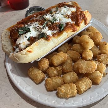 ChowderHead - Meatball Burrata with Tots- Have fun trying to fit you mouth around this sub - Soup Near Me - Spokane, Washington ChowderHead - Meatball Burrata with Tots- Have fun trying to fit you mouth around this sub - Soup Near Me - Spokane, Washington