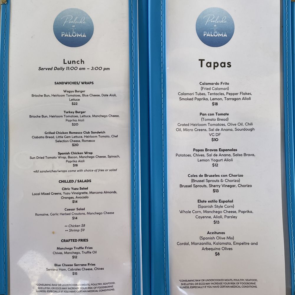 Sol y Sombra - Poolside bar Lunch & Tapas menu (as of 2/18/24) - Spanish Near Me - Cathedral City, California Sol y Sombra - Poolside bar Lunch & Tapas menu (as of 2/18/24) - Spanish Near Me - Cathedral City, California