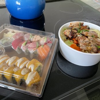 Waraii Sushi - Tangled mango sushi roll and grilled chicken teriyaki rice bowl.  Rainbow Roll - Japanese Near Me - Oceanside, California