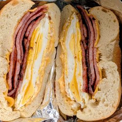 Pork roll, egg and cheese on a plain bagel