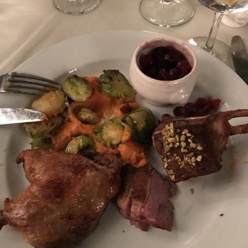 Lavender Bistro - Roast Duck, sweet potato purée & Brussel Sprouts w/ Cherry Compote on the side. - New American Near Me - La Quinta, California