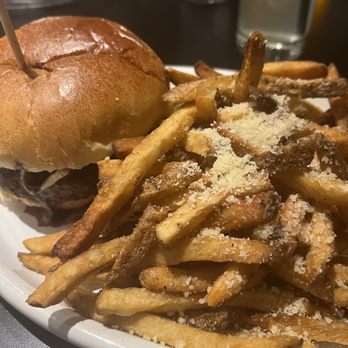 Heck’s Cafe - Brie burger with fries - New American Near Me - Beachwood, Ohio