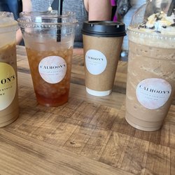 Calhoon's Coffee & Cocktails - Latte, iced tea, Americano, caramel mocha frappe.